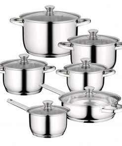 BergHOFF Essentials Gourmet 12Pc 18/10 Stainless Steel Cookware Set, Black Handles