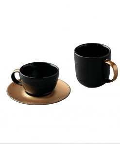 BergHOFF GEM 3Pc Coffee And Tea Set, Mug, Cup & Saucer, Black & Gold Coffee & Tea
