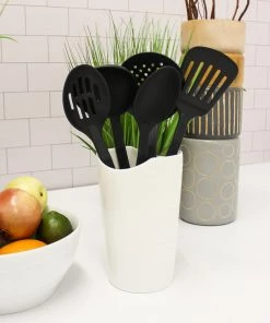 BergHOFF Studio 5Pc Nylon Cooking Utensil Set Skimmer Slotted Turner Slotted Spoon Soup Spoon Ladle Black Wide Handle With Hanging Ring Everyday Use Chef Tools
