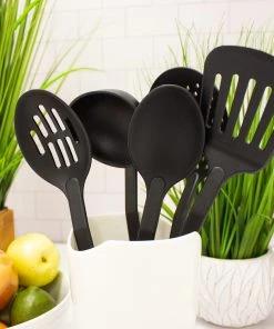 BergHOFF Studio 5Pc Nylon Cooking Utensil Set Skimmer Slotted Turner Slotted Spoon Soup Spoon Ladle Black Wide Handle With Hanging Ring Everyday Use Chef Tools
