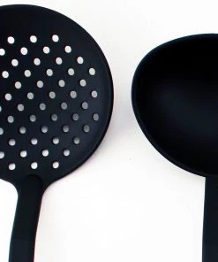 BergHOFF Studio 5Pc Nylon Cooking Utensil Set Skimmer Slotted Turner Slotted Spoon Soup Spoon Ladle Black Wide Handle With Hanging Ring Everyday Use Chef Tools