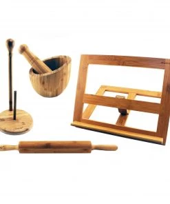 Chef Tools BergHOFF Bamboo Kitchen Set 4pc (Cook Book Holder, Garlic Bowl, Paper Towel Holder, & Rolling Pin)