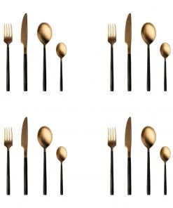 BergHOFF Gem 16pc Flatware Set, Black And Gold Plated Tabletop & Bar