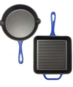 BergHOFF 2Pc Enamel Cast Iron 10" Fry Pan & 10" Grill Pan Set, Blue Cookware