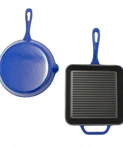 BergHOFF 2Pc Enamel Cast Iron 10" Fry Pan & 10" Grill Pan Set, Blue Cookware 10 BergHOFF 2Pc Enamel Cast Iron 10