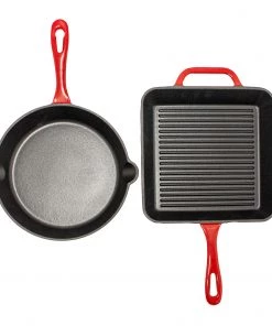BergHOFF 2Pc Enamel Cast Iron 10" Fry Pan & 10" Grill Pan Set, Red Cookware