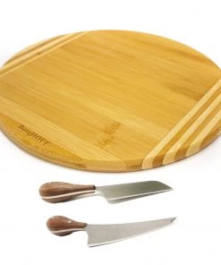 BergHOFF Bamboo 3Pc Round Board And Aaron Probyn Cheese Knives Set