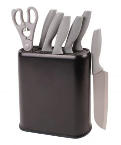 BergHOFF 8Pc PP Knife Set With Universal Black Knife Block, Grey Cutlery