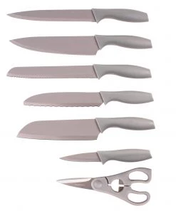 BergHOFF 8Pc PP Knife Set With Universal Black Knife Block, Grey Cutlery