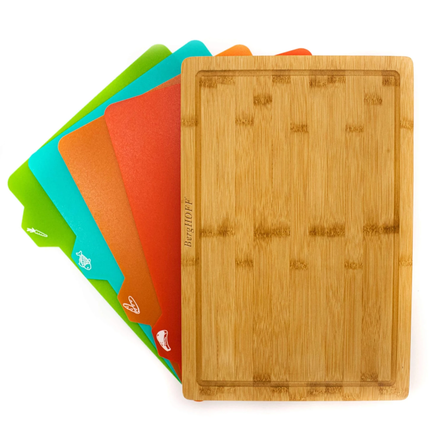 Cutlery BergHOFF Bamboo 5Pc Cutting Board Set With 4 Muti-colored Inserts, 16.5"x11.8"x1.1" 4 Cutlery BergHOFF Bamboo 5Pc Cutting Board Set With 4 Muti-colored Inserts, 16.5"x11.8"x1.1"