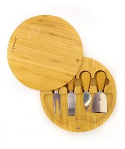 Cutlery BergHOFF Bamboo 6pc Round Covered Cheese Board Set, With 4 Tools, 8.7x1.5"