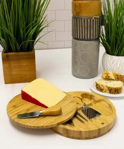 Cutlery BergHOFF Bamboo 6pc Round Covered Cheese Board Set, With 4 Tools, 8.7x1.5