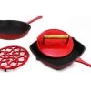 BergHOFF Cast Iron Set 4pc Red (10" Fry Pan, 11" Grill Pan, Steak Press, Apple Trivet)