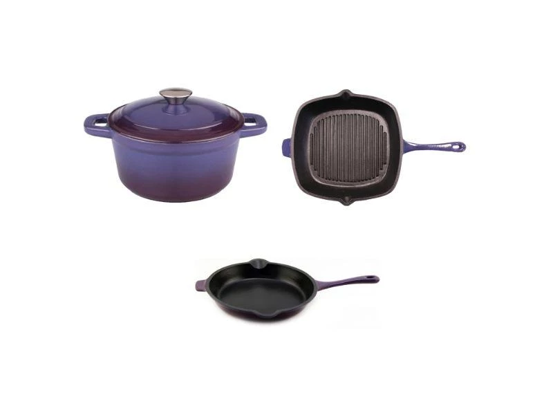 Cookware BergHOFF Neo Cast Iron Set 3pc Purple (3qt Cast Iron Covered Stockpot, 10" Cast Iron Fry Pan, 11" Cast Iron Grill Pan) 3 Cookware BergHOFF Neo Cast Iron Set 3pc Purple (3qt Cast Iron Covered Stockpot, 10" Cast Iron Fry Pan, 11" Cast Iron Grill Pan)