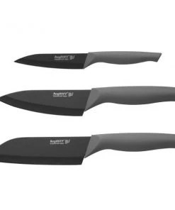 BergHOFF Essentials Ergo 3Pc Stainless Steel Knife Set With Sleeves, 4" Paring, 5" Chef & 5.5" Santoku Cutlery