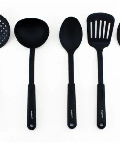 BergHOFF Studio 5Pc Nylon Cooking Utensil Set Skimmer Slotted Turner Slotted Spoon Soup Spoon Ladle Black Wide Handle With Hanging Ring Everyday Use Chef Tools
