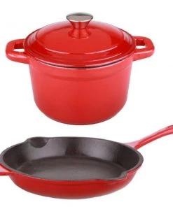 BergHOFF Neo 3Pc Cast Iron Set, 3Qt Covered Dutch Oven & 10" Fry Pan, Red Cookware