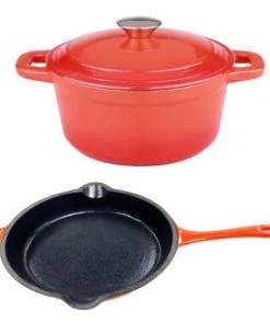 BergHOFF Neo 3Pc Cast Iron Set, 3Qt Covered Dutch Oven & 10" Fry Pan Orange