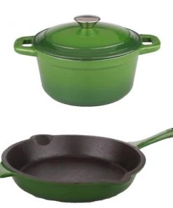 BergHOFF Neo 3Pc Cast Iron Cookware Set, 3Qt Covered Dutch Oven & 10" Fry Pan, Green