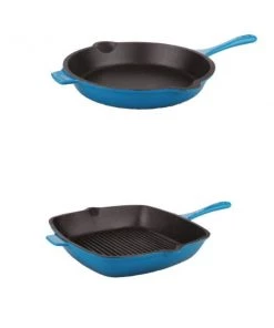 Cookware BergHOFF Neo 2Pc Cast Iron Set, 10" Fry Pan & 11" Grill Pan Set, Blue