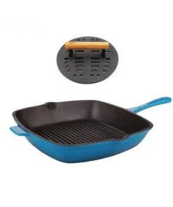 Cookware BergHOFF Neo 2Pc Cast Iron Set, 11" Grill Pan & With Slotted Steak Press Blue