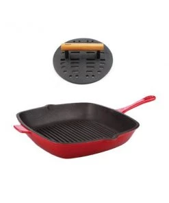 BergHOFF Neo 2Pc Cast Iron Set, 11" Grill Pan & With Slotted Steak Press Red Cookware