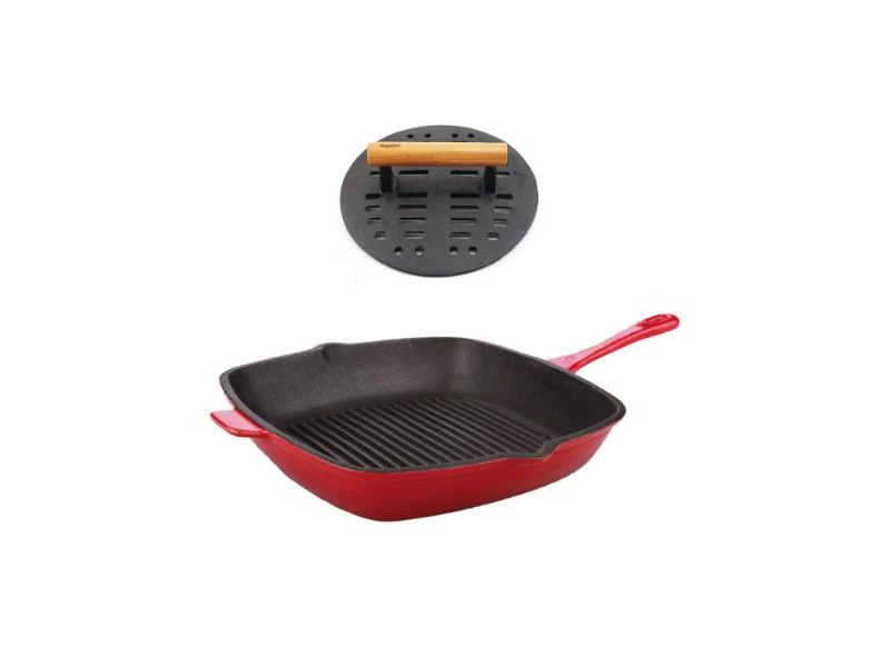 BergHOFF Neo 2Pc Cast Iron Set, 11" Grill Pan & With Slotted Steak Press Red Cookware 3 BergHOFF Neo 2Pc Cast Iron Set, 11" Grill Pan & With Slotted Steak Press Red Cookware