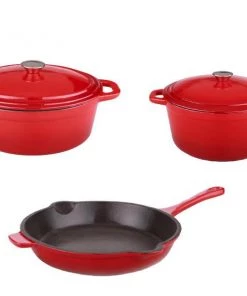 BergHOFF Neo 5Pc Cast Iron Set, 5Qt Covered Dutch Oven, 8Qt Covered Dutch Oven, & 10" Fry Pan, Red Cookware