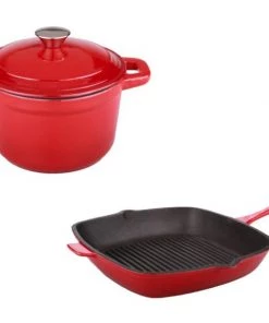 BergHOFF Neo 3Pc Cast Iron Set, 3Qt Covered Dutch Oven & 11" Grill Pan Red Cookware