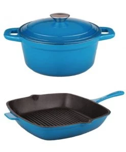 BergHOFF Neo 3Pc Cast Iron Set, 3Qt Covered Dutch Oven & 11" Grill Pan Blue