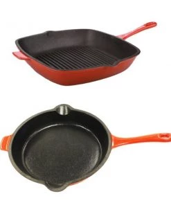 BergHOFF Neo 2pc Cast Iron Set, 10" Fry Pan & 11" Grill Pan, Orange Cookware