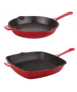 BergHOFF Neo 2pc Cast Iron Set, 10" Fry Pan & 11" Grill Pan, Red Cookware