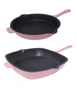 BergHOFF Neo 2Pc Cast Iron Set, 11" Grill Pan & 10" Fry Pan, Pink Cookware