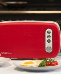 BergHOFF Seren Side Loading Toaster With Cool Touch Exterior And Removable Crumb Tray, With Red Front Panel/ Serving Tray Bakeware