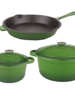 BergHOFF Neo 5Pc Cast Iron Set, 3Qt Covered Dutch Oven, 5Qt Covered Stock Pot, & 10" Fry Pan, Green